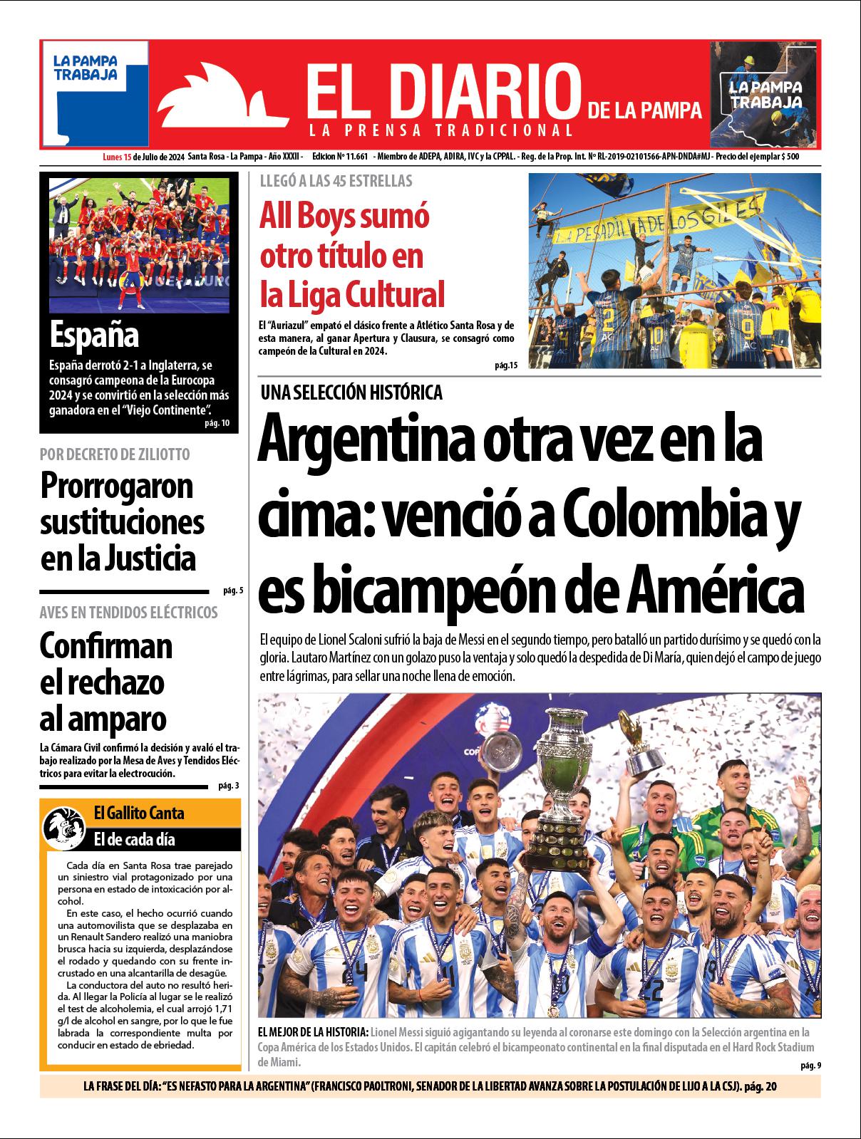 Tapa de El Diario en papel  lunes 15 de julio de 2024